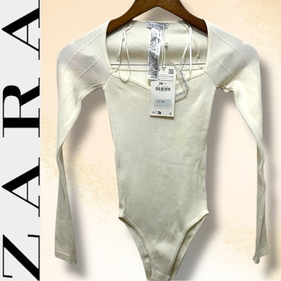 118 ZARA | NWT White Ribbed Knit Long Sleeve Bodysuit (size XS-S) - Picture 1 of 7